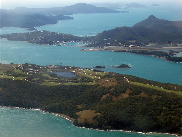 viewed from the air, dent island, hamilton island and whitsunday island to the rear in the whitsunday island group, queensland