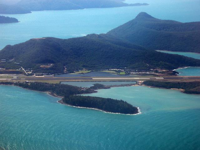an aerial view of hamilton island airport, whitsunday islands, queensland