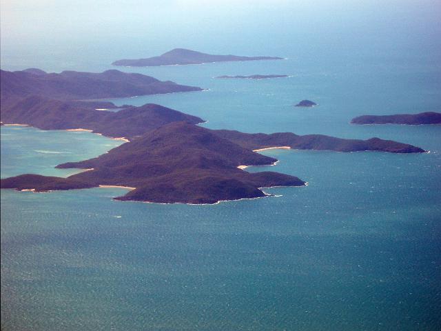 an aerial view of linderman, mansel and keyser islands in the whitsunday island group, queensland