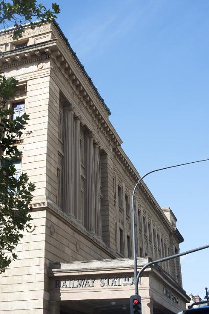 Exterior facade of the Railway Station, Adelaide, South Australia showing the signage at the end of the portico