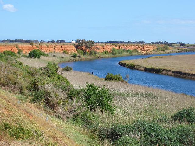 slow flowing waters and flood plain on the werribee river, victoria