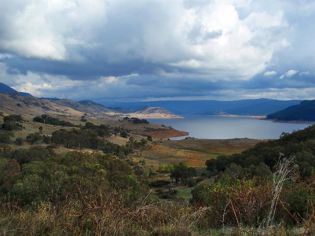 an atmospheric view of lake ecumbene on a cloudy day, new south wales, australia