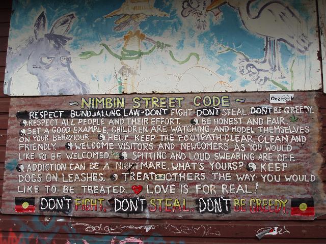 a plaque on located in nimbins main street outlining the 'local street law'