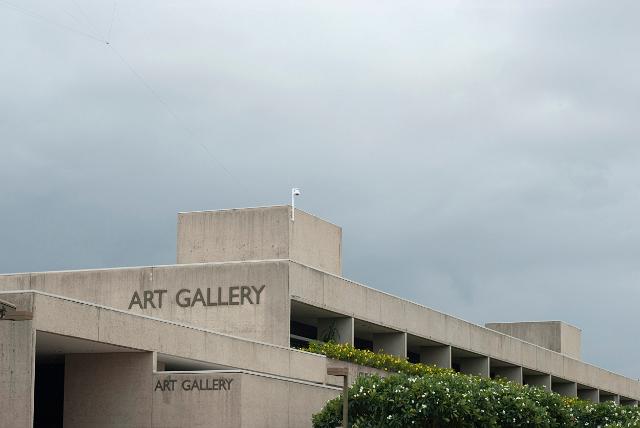 Exterior of the Queensland Art Gallery, Brisbane showing the signage on the side of the building, view of the rooftop of the building
