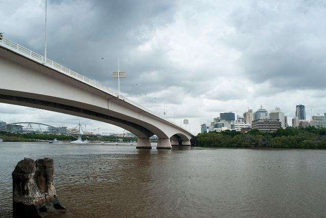 View from water level of a span of the Victoria Bridge, Brisbane, Australia crossing the Brisbane River