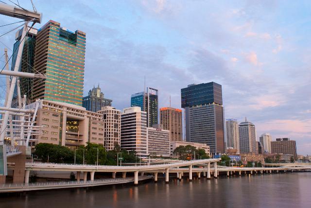 Central Brisbane, Queensland , Australia viewed across the water of the Brisbane River with its modern architecture and skyscrapers, skyline view