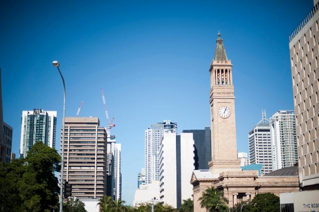 View of the buildings in Brisbane city centre with the tall structure of the Clock Tower on the City Hall dominating the skyline