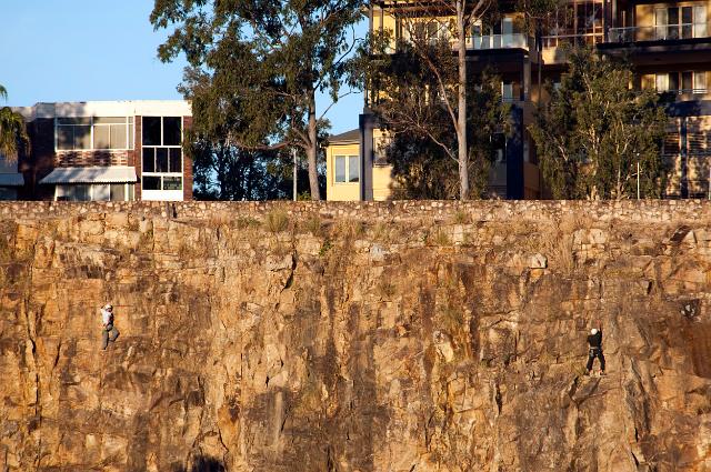 Sheer rocky cliffs at Kangaroo Point, Brisbane on the banks of the Brisbane River with apartment blocks visible beyond