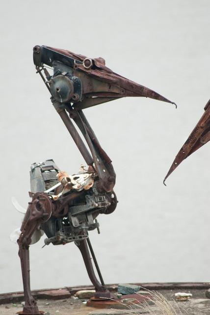 Scrap metal pelican sculptures made from waste industrial metal standing on the bank of the Brisbane River, Brisbane
