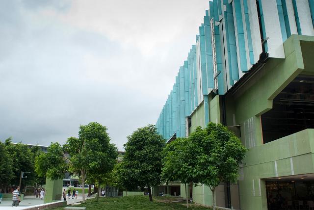 View along the wall and external facade of the Queensland State Library in Brisbane, Queensland, Australia