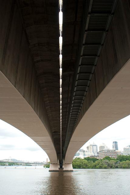 View from underneath the span of the Captain Cook Bridge, Brisbane as it crosses the Brisbane River