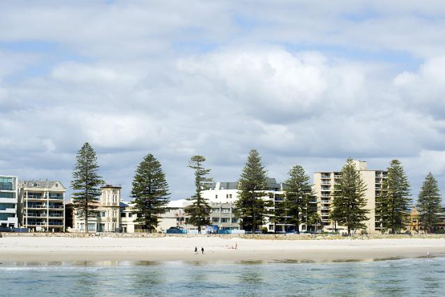 Waterfront apartments in Glenelg, Australia overlooking a sandy tropical beach with coniferous trees viewed across the sea on a cloudy day