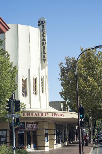 Art Deco exterior facade of the Piccadilly Cinema in Adelaide, Australia, with its curved street entrance and signage