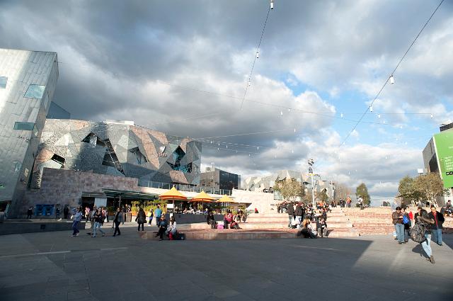 Scenic view under dramatic clouds of Federation Square, Melbourne , Australia, or Fed Square as it is known to the locals, which is a civic centre and cultural meeting place in the CBD in Melbourne