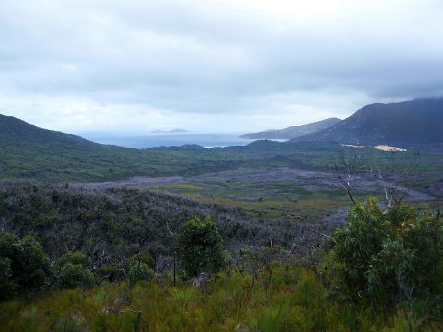looking down towards distant oberon bay from a fire trail in wilsons promontory national park